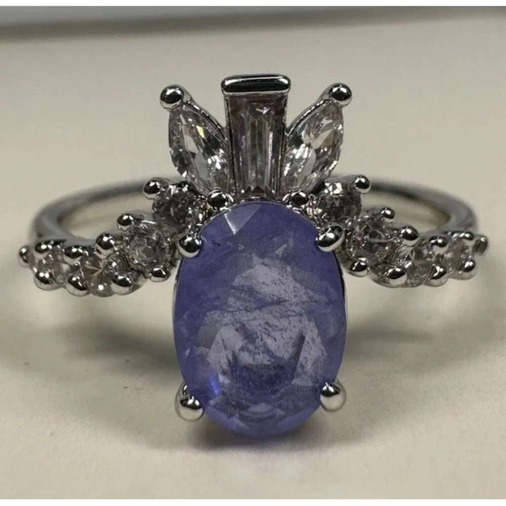 Bomb Party Oval Violet Blue Statement Ring Rhodium Plated Size 8